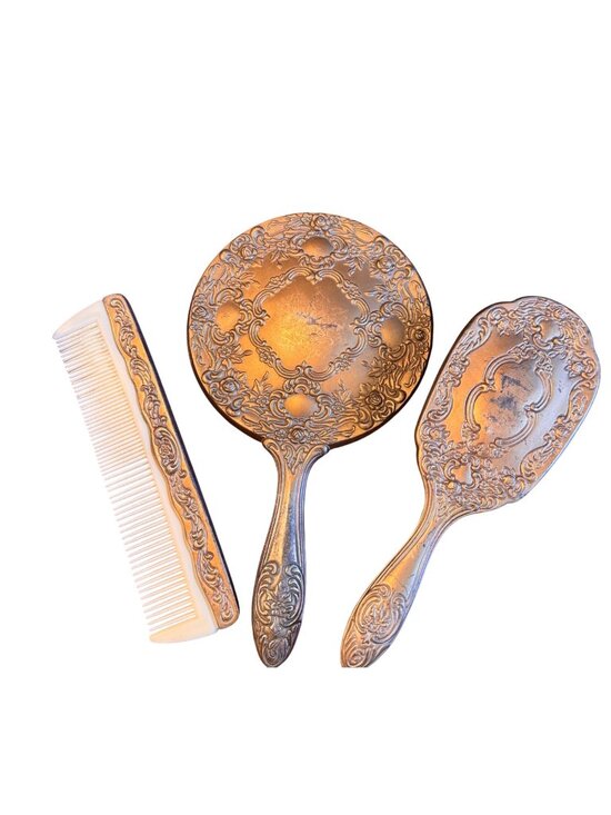 Unbranded Accessories - Victorian Silver Plate 3 Pc Vanity Set Mirror Brush & Comb Ornate Design Patina